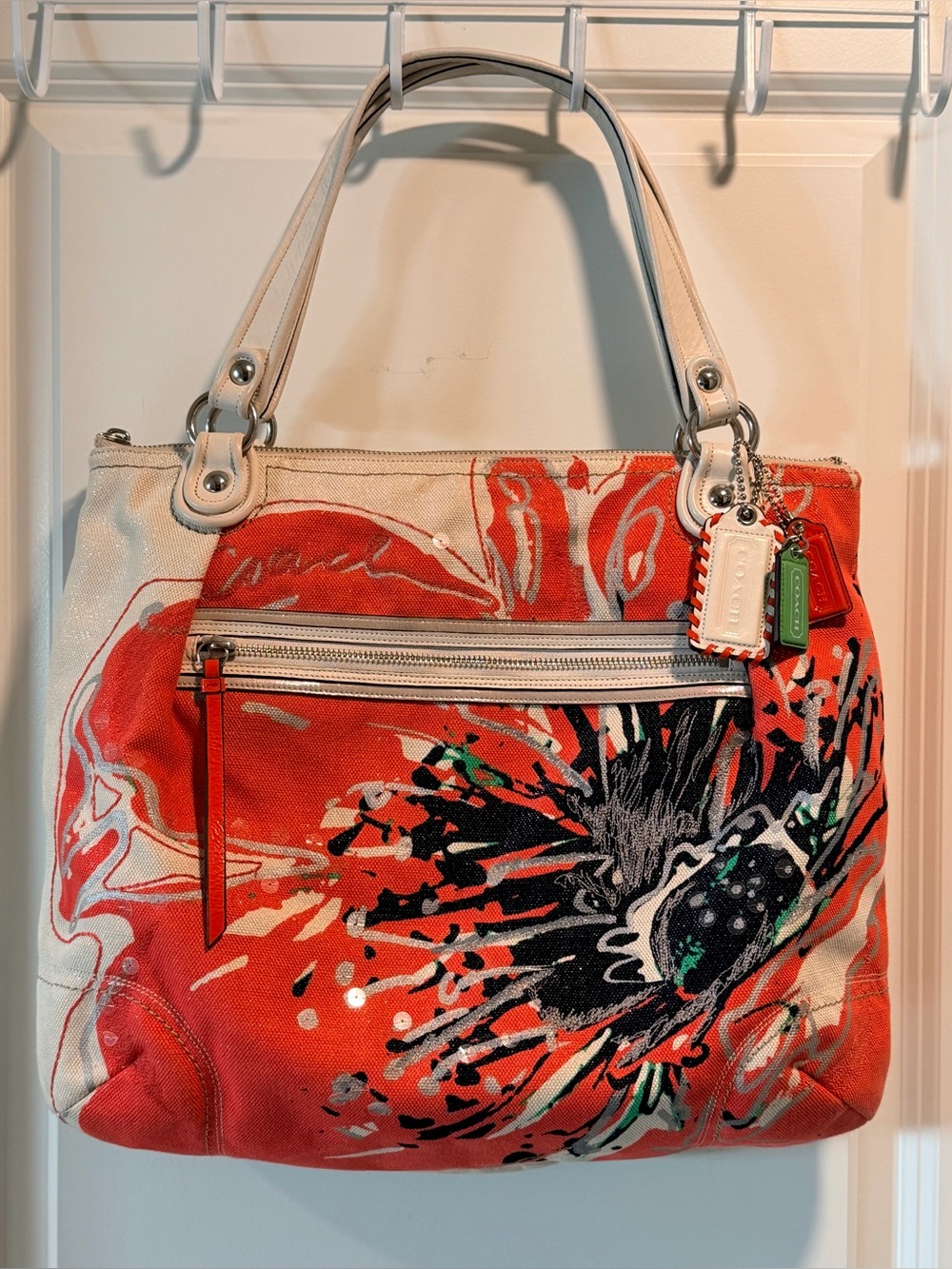 Coach Poppy Placed Flower Sequin Glam Tote Coral Khaki Canvas Bag #19029